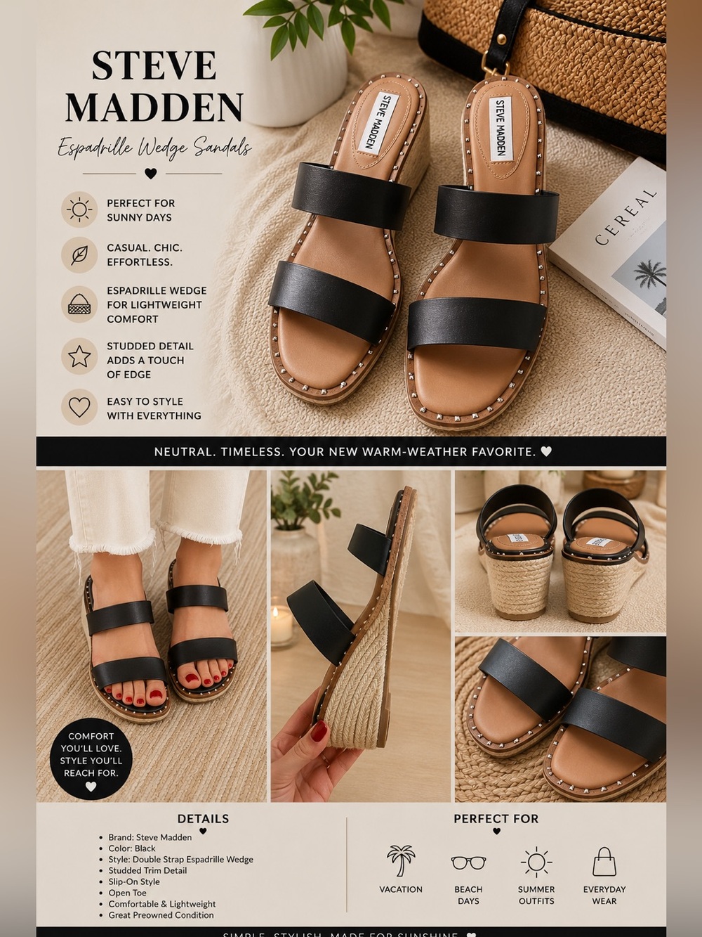 Steve Madden Black Double-Strap Espadrille Wedge Sandals